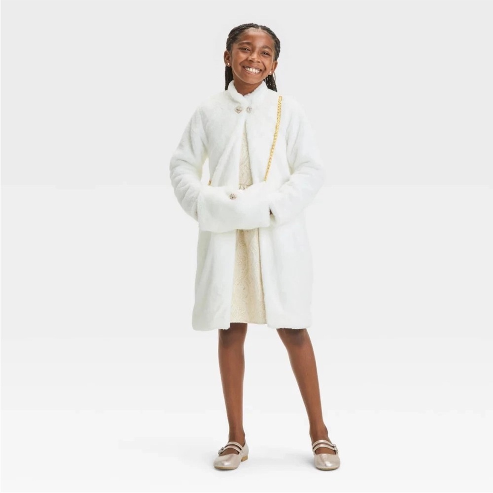 NWT Faux Fur FAO Schwartz Girls XS (4/5)  Coat+ Gold Brocade Dress+HandWarmer